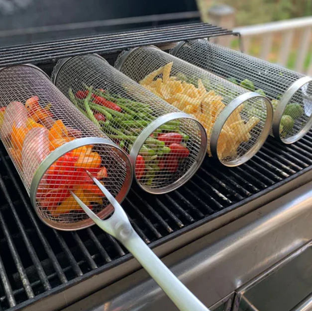 Rullande Grillkorg i Rostfritt Stål – Perfekt för Grönsaker, Pommes & Mer!