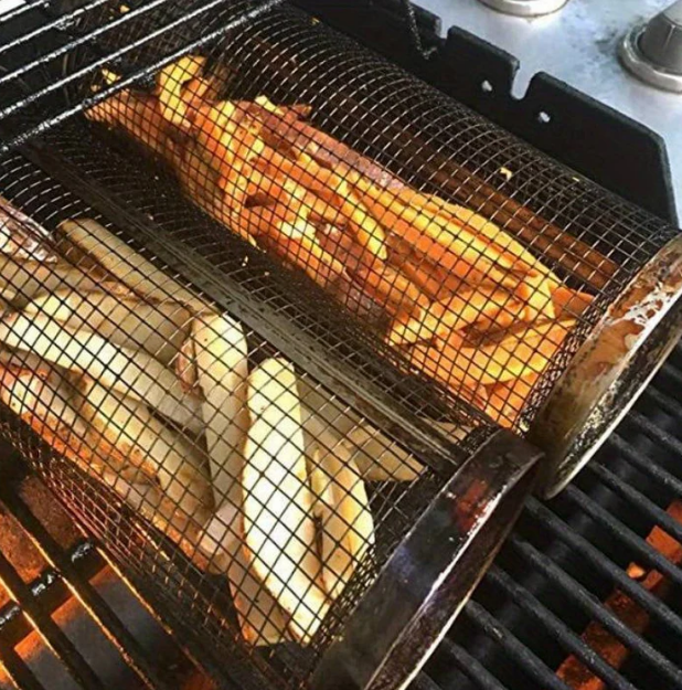 Rullande Grillkorg i Rostfritt Stål – Perfekt för Grönsaker, Pommes & Mer!